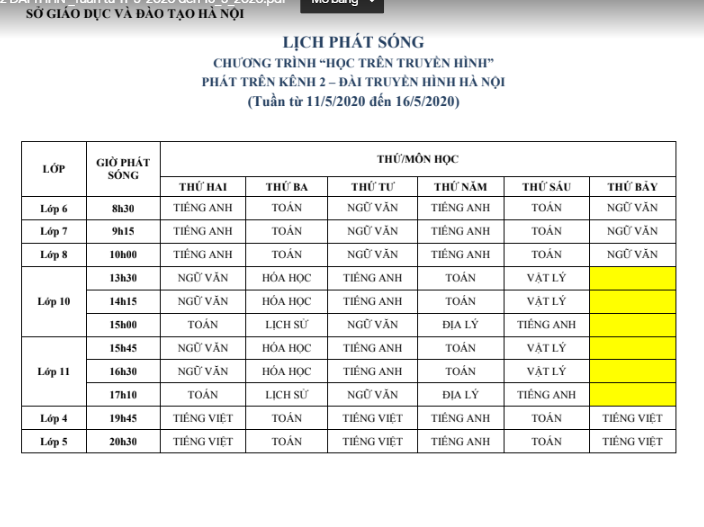 Lịch phát sóng và nội dung bài dạy trên truyền hình tuần từ 11/5-16/5/2020